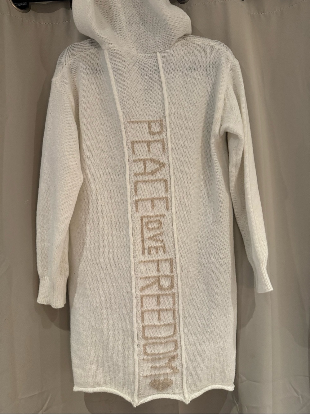 Hooded Knit Mini Dress Sweater in White with 'Peace Love Freedom' Detail
